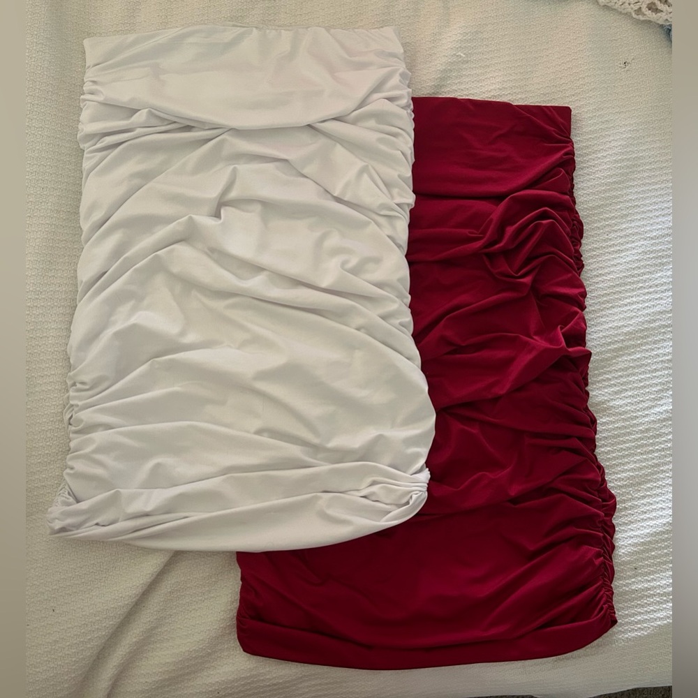 Ruched Midi Skirts in White and Burgundy - Bundle - Double Lined - Elastic Waist
